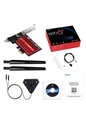 Мережева карта PCI-E x1, Fenvi FV-AXE3000Pro, WiFi 6E (до 2400 Mbps), Bluetooth 5.3, Intel AX210, радіатор, 2 зовнішні антени, підставка
