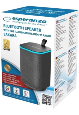 Колонка портативна 1.0 Esperanza RGB Illuminated FM Sakara EP155 Black, 10 Вт, пластиковий корпус, FM-радіо, Bluetooth, MicroSD / AUX, живлення від акумулятора, 1200мА*ч, керування сбоку