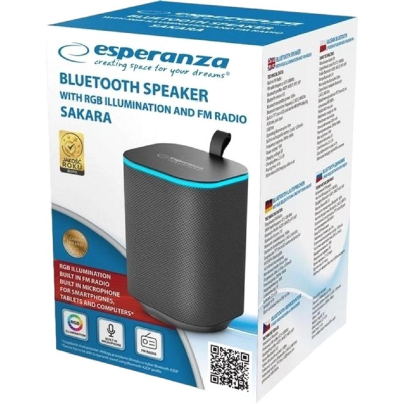 Колонка портативна 1.0 Esperanza RGB Illuminated FM Sakara EP155 Black, 10 Вт, пластиковий корпус, FM-радіо, Bluetooth, MicroSD / AUX, живлення від акумулятора, 1200мА*ч, керування сбоку