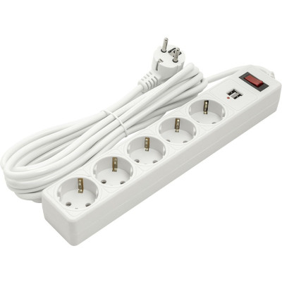 Фільтр мережевий 5 м, PowerPlant, White, 5 розеток, 2 x USB, 10А, до 2.5 кВт (PPSA10M50S5U)