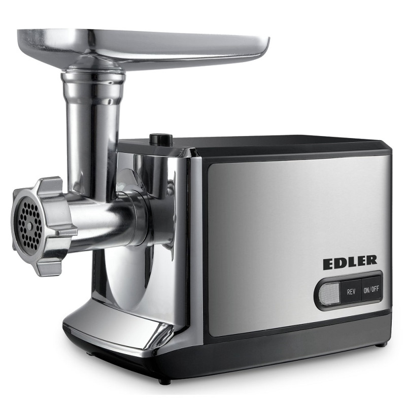 М'ясорубка Edler EDMG-3033TG, Steel/Black, 2000W, соковитискач для томатів, диски для подрібнення 3/5/7мм, насадка для ковбасок/«кеббе», 4 терки (приготування дерунів, дрібне та стандартне шинкування, слайсер), реверс