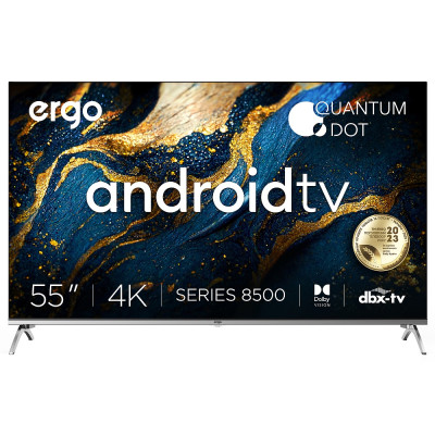 Телевізор 55" ERGO 55GUS8555, QLED 4K HD, 3840x2160, 60 Гц, Smart TV, Android 11.0, DVB-T2/S2/C, 4xHDMI, 2xUSB, VESA (200x200)