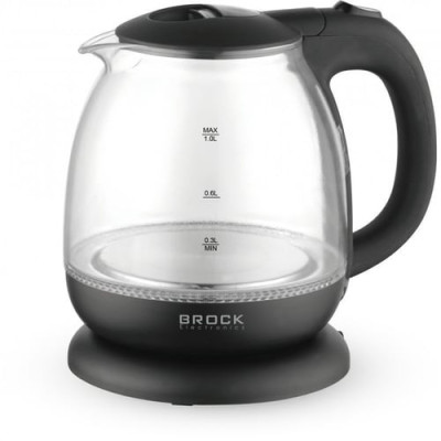 Електрочайник Brock WK 2108 BK, Black, 1100W, 1л, скло+пластик, дисковий, індикатор рівня води, підсвічування, захист від перегріву, захист від кипіння без води