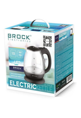 Електрочайник Brock WK 2108 BK, Black, 1100W, 1л, скло+пластик, дисковий, індикатор рівня води, підсвічування, захист від перегріву, захист від кипіння без води