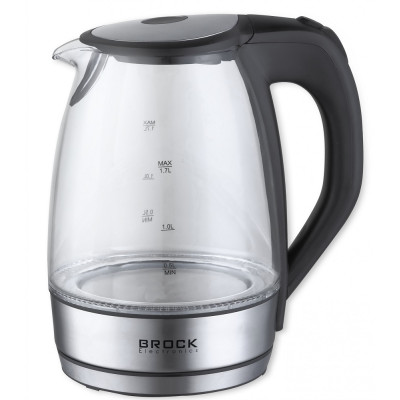 Електрочайник Brock WK 2105 BK, Inox, 2200W, 1.7л, скло+нержавіюча сталь, дисковий, індикатор рівня води, підсвічування, захист від перегріву, захист від кипіння без води