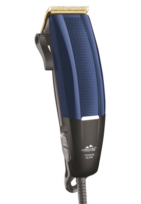 Машинка для стрижки Monte MT-5058 B, Blue, 18W, живлення від мережі, 4 насадки (3, 6, 9, 12мм), леза з титановим покриттям,к комплекті щіточка для чищення, гребінець, ножиці, масло
