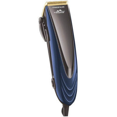 Машинка для стрижки Monte MT-5057 B, Blue, 18W, живлення від мережі, 4 насадки (3, 6, 9, 12мм), леза з титановим покриттям,к комплекті щіточка для чищення, гребінець, ножиці, НЕ потребує масла