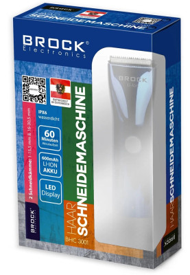 Машинка для стрижки Brock BHC 3001, Blue, 3W, живлення: акумулятор, 2 насадки 1-15,5мм та 16-30,5мм, час роботи до 60хв, IPX6