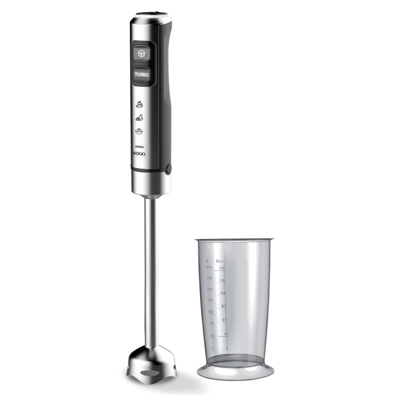 Блендер Sogo SS-14475, Black/Inox, 1500W, занурювальний, 23 швидкості з плавним регулюванням, екстра довга насадка подрібнювач 25см з 4 лезами, мірна склянка 800мл