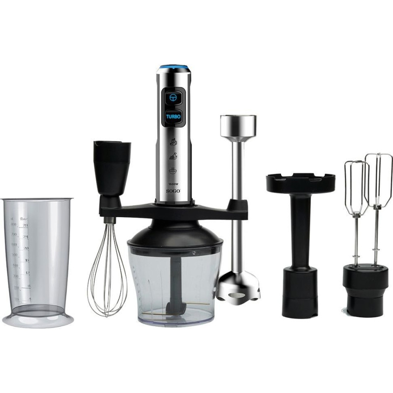 Блендер Sogo SS-14480, Black/Inox, 1500W, занурювальний, 23 швидкості з плавним регулюванням, екстра довга насадка подрібнювач 25см з 4 лезами, мірна склянка 800мл, подрібнювач 650мл
