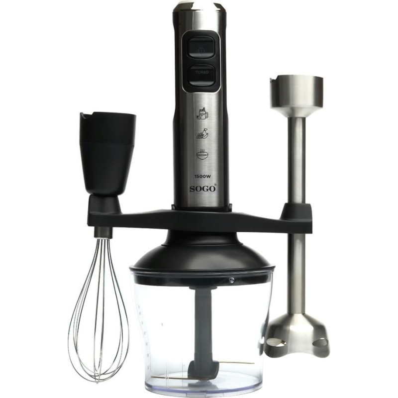 Блендер Sogo SS-14480, Black/Inox, 1500W, занурювальний, 23 швидкості з плавним регулюванням, екстра довга насадка подрібнювач 25см з 4 лезами, мірна склянка 800мл, подрібнювач 650мл