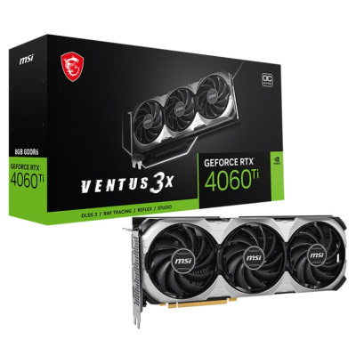 Відеокарта GeForce RTX 4060 Ti, MSI, VENTUS 3X E OC, 8Gb GDDR6, 128-bit, HDMI/3xDP, 2580/18000 MHz, 8-pin (RTX 4060 Ti VENTUS 3X E 8G OC)