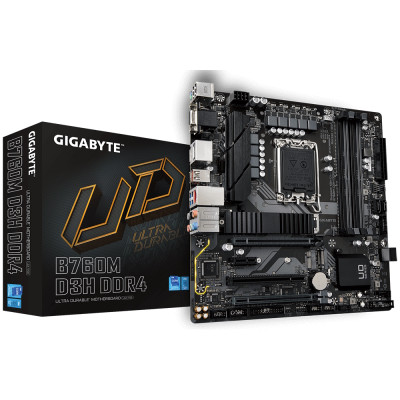 Материнська плата LGA1700, Gigabyte B760M D3H DDR4, B760, 4xDDR4, Int.Video(CPU), 4xSATA3, 2xM.2, 1xPCI-E 4.0 x16, 1xPCI-E 3.0 x16, 1xPCI-E 3.0 x1, 1xPCI, 1xM.2 (Key E), Realtek 7.1, Intel 2.5GbE, 6xUSB3.2/6xUSB2.0, VGA/HDMI/2xDP, MicroATX
