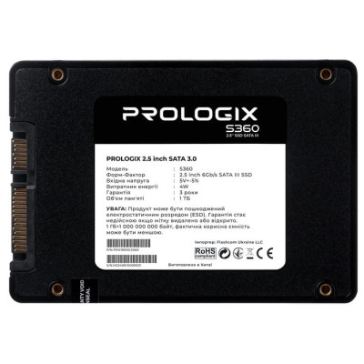 Твердотільний накопичувач SSD 1Tb, ProLogix S360, SATA3, 2.5", 3D TLC, 530/510 МБ/с (PRO1000GS360)