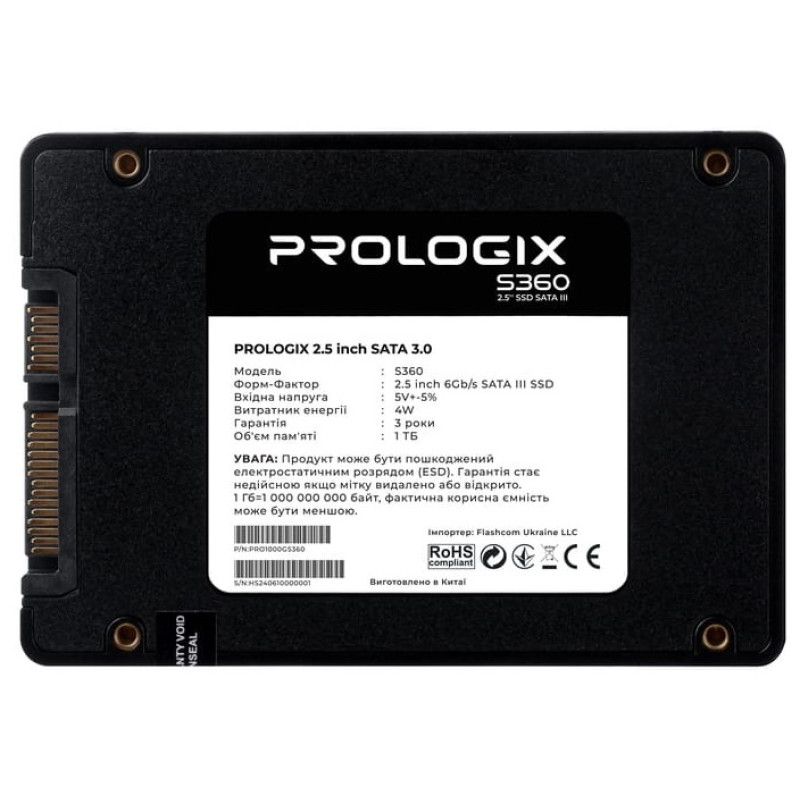 Твердотільний накопичувач SSD 1Tb, ProLogix S360, SATA3, 2.5", 3D TLC, 530/510 МБ/с (PRO1000GS360)