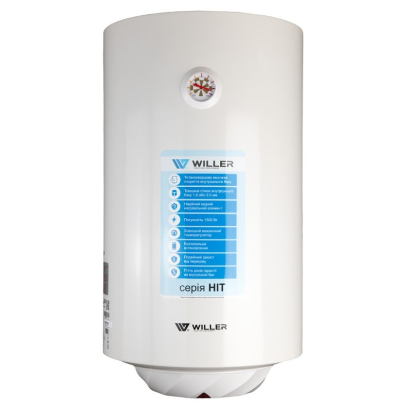 Водонагрівач Willer EV30R-HIT, White, 1500W, 30л, вертикальний, мокрий ТЕН, механічне керування, зовнішній терморегулятор, бак титанокварцова емаль, C, 57х34х35.2см