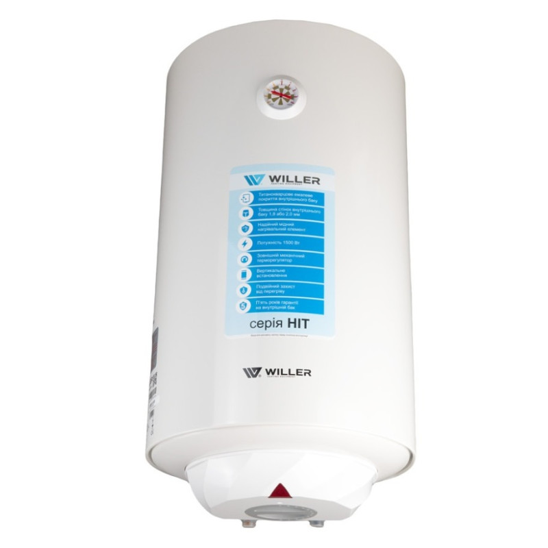 Водонагрівач Willer EV30R-HIT, White, 1500W, 30л, вертикальний, мокрий ТЕН, механічне керування, зовнішній терморегулятор, бак титанокварцова емаль, C, 57х34х35.2см