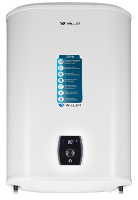Водонагрівач Willer EVH50DRI Libra, White, 2000W, 50л, плаский, сухий ТЕН, універсальний монтаж, 2 ТЕНи, електронне керування, цифровий дисплей, 2 режими потужності, зовнішній терморегулятор, бак титанокварцова емаль, D, 86.5х47х27см