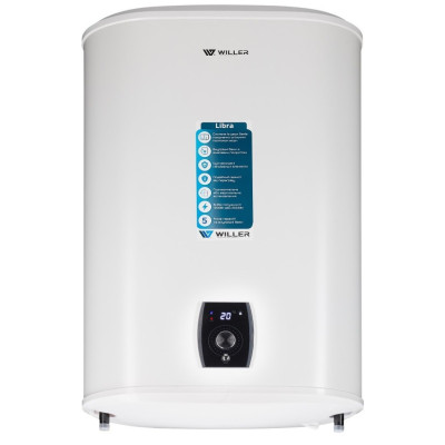 Водонагрівач Willer EVH50DRI Libra, White, 2000W, 50л, плоский, сухий ТЕН, универсальний монтаж, 2 ТЕНи, електронне керування, цифровий дисплей, 2 режими потужності, зовнішній терморегулятор, бак титанокварцова емаль, D, 827х