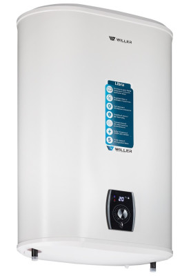 Водонагрівач Willer EVH50DRI Libra, White, 2000W, 50л, плаский, сухий ТЕН, універсальний монтаж, 2 ТЕНи, електронне керування, цифровий дисплей, 2 режими потужності, зовнішній терморегулятор, бак титанокварцова емаль, D, 86.5х47х27см