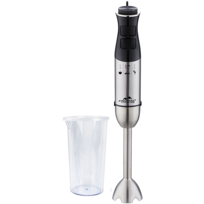 Блендер Monte MT-1918, Black/Inox, 1500W, занурювальний, 2 швидкості з плавним регулюванням, мірна склянка 600 мл з кришкою, 4-пелюстковий ніж із титановим покриттям, ножка з нержавіючої сталі
