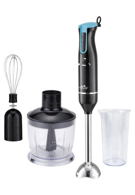 Блендер Monte MT-1905 Т, Black/Blue, 700W, занурювальний, 2 швидкості, мірний стакан 600 мл з кришкою, чаша подрібнювач 500 мл, ножка з нержавіючої сталі, вінчик
