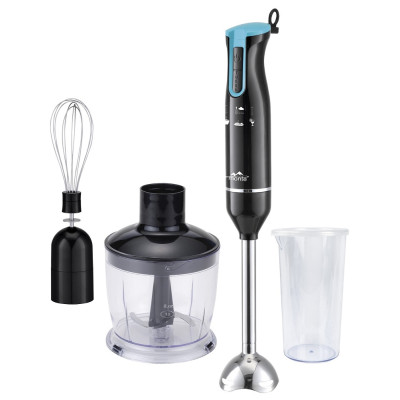 Блендер Monte MT-1905 Т, Black/Blue, 700W, занурювальний, 2 швидкості, мірний стакан 600 мл з кришкою, чаша подрібнювач 500 мл, ножка з нержавіючої сталі, вінчик