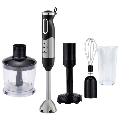 Блендер Monte MT-1923, Black/Inox, 900W, занурювальний, 2 швидкості, мірний стакан 600 мл з кришкою, чаша подрібнювач 500 мл, насадка для пюре, ножка з нержавіючої сталі, вінчик