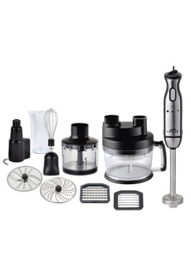 Блендер Monte MT-1912, Black/Inox, 1000W, занурювальний, 2 швидкості з плавним регулюванням, мірний стакан 600 мл з кришкою, велика чаша подрібнювач 2000 мл, мала чаша 400мл, 4 диски, насадка для замішування тіста, ножка з нержавіючої сталі, вінчик