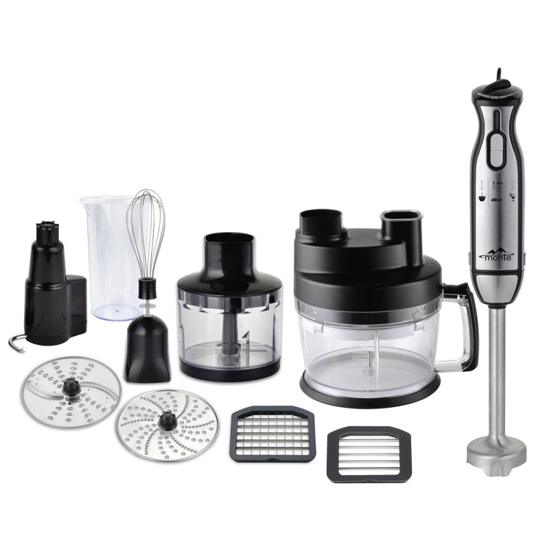 Блендер Monte MT-1912, Black/Inox, 1000W, занурювальний, 2 швидкості з плавним регулюванням, мірний стакан 600 мл з кришкою, велика чаша подрібнювач 2000 мл, мала чаша 400мл, 4 диски, насадка для замішування тіста, ножка з нержавіючої сталі, вінчик