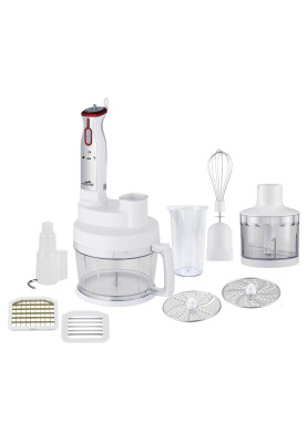 Блендер Monte MT-1912 W, White/Inox, 1000W, занурювальний, 2 швидкості з плавним регулюванням, мірний стакан 600 мл з кришкою, велика чаша подрібнювач 2000 мл, мала чаша 400мл, 4 диски, насадка для замішування тіста, ножка з нержавіючої сталі, вінчик