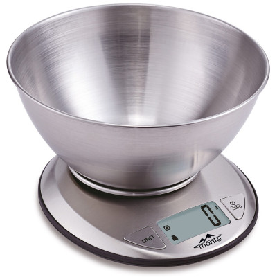 Ваги кухонні Monte MT-6020, Inox, до 5 кг, чаша для зважування 2л з нерж сталі, живлення 2 батарейки