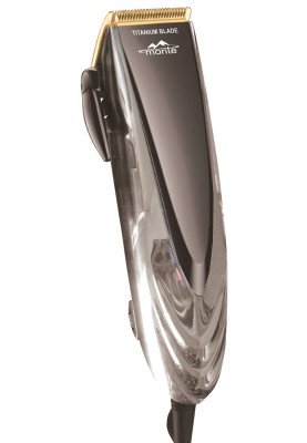 Машинка для стрижки Monte MT-5057 C, Silver, 18W, живлення від мережі, 4 насадки (3, 6, 9, 12мм), леза з титановим покриттям,к комплекті щіточка для чищення, гребінець, ножиці, НЕ потребує масла