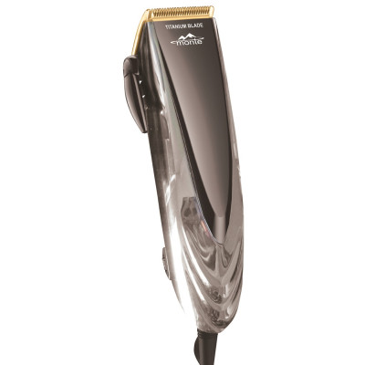 Машинка для стрижки Monte MT-5057 C, Silver, 18W, живлення від мережі, 4 насадки (3, 6, 9, 12мм), леза з титановим покриттям,к комплекті щіточка для чищення, гребінець, ножиці, НЕ потребує масла