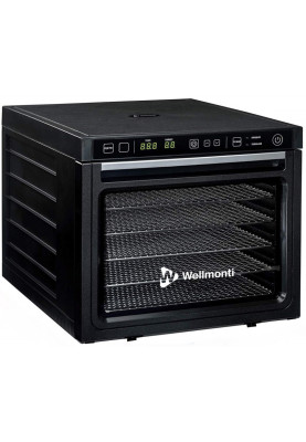 Сушарка овочів та фруктів Wellmonti WM-1001, Black, 1000W, електронне керування з таймером, об'єм 47л, 6 лотків з нержавіючої сталі, конвекція, вентилятор сзаду, автовимикання, дисплей, сито для сушіння трав, лоток для пастили, захист від перегріву