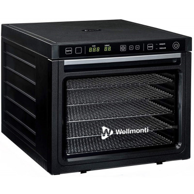 Сушарка овочів та фруктів Wellmonti WM-1001, Black, 1000W, електронне керування з таймером, об'єм 47л, 6 лотків з нержавіючої сталі, конвекція, вентилятор сзаду, автовимикання, дисплей, сито для сушіння трав, лоток для пастили, захист від перегріву