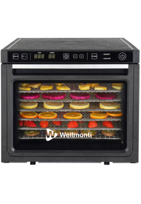 Сушарка овочів та фруктів Wellmonti WM-1001, Black, 1000W, електронне керування з таймером, об'єм 47л, 6 лотків з нержавіючої сталі, конвекція, вентилятор сзаду, автовимикання, дисплей, сито для сушіння трав, лоток для пастили, захист від перегріву