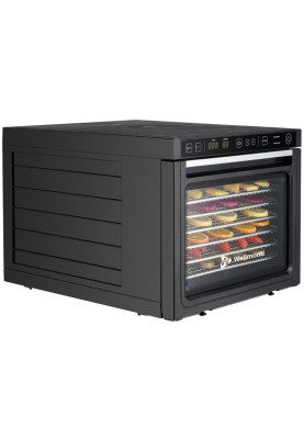 Сушарка овочів та фруктів Wellmonti WM-1001, Black, 1000W, електронне керування з таймером, об'єм 47л, 6 лотків з нержавіючої сталі, конвекція, вентилятор сзаду, автовимикання, дисплей, сито для сушіння трав, лоток для пастили, захист від перегріву