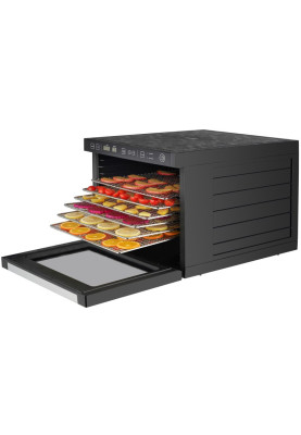 Сушарка овочів та фруктів Wellmonti WM-1001, Black, 1000W, електронне керування з таймером, об'єм 47л, 6 лотків з нержавіючої сталі, конвекція, вентилятор сзаду, автовимикання, дисплей, сито для сушіння трав, лоток для пастили, захист від перегріву