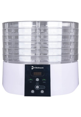Сушарка овочів та фруктів Wellmonti WM-1010, White, 520W, електронне керування, об'єм 23л, 6 піддонів, діаметр 32см, 2 сита для сушіння трав, лоток для пастили, нижній вентилятор, захист від перегріву