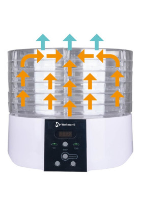 Сушарка овочів та фруктів Wellmonti WM-1010, White, 520W, електронне керування, об'єм 23л, 6 піддонів, діаметр 32см, 2 сита для сушіння трав, лоток для пастили, нижній вентилятор, захист від перегріву