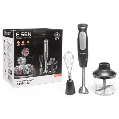 Блендер Eisen EHB-632, Black, 600W, занурювальний, 3 швидкості з плавним регулюванням, подрібнювач 650мл, вінчик