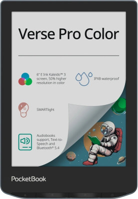 Електронна книга 6" PocketBook Verse Pro Color, Stormy Sea, WiFi, 1448x1072 (E Ink Carta), 512Mb / 16Gb, сенсорний екран, 16 градацій сірого, 300 DPI, підсвічування екрану SMARTlight, 2100 mAh, Type-C, IPx8 (PB634K3-1-CIS)