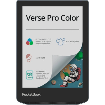 Електронна книга 6" PocketBook Verse Pro Color, Stormy Sea, WiFi, 1448x1072 (E Ink Carta), 512Mb / 16Gb, сенсорний екран, 16 градацій сірого, 300 DPI, підсвічування екрану SMARTlight, 2100 mAh, Type-C, IPx8 (PB634K3-1-CIS)