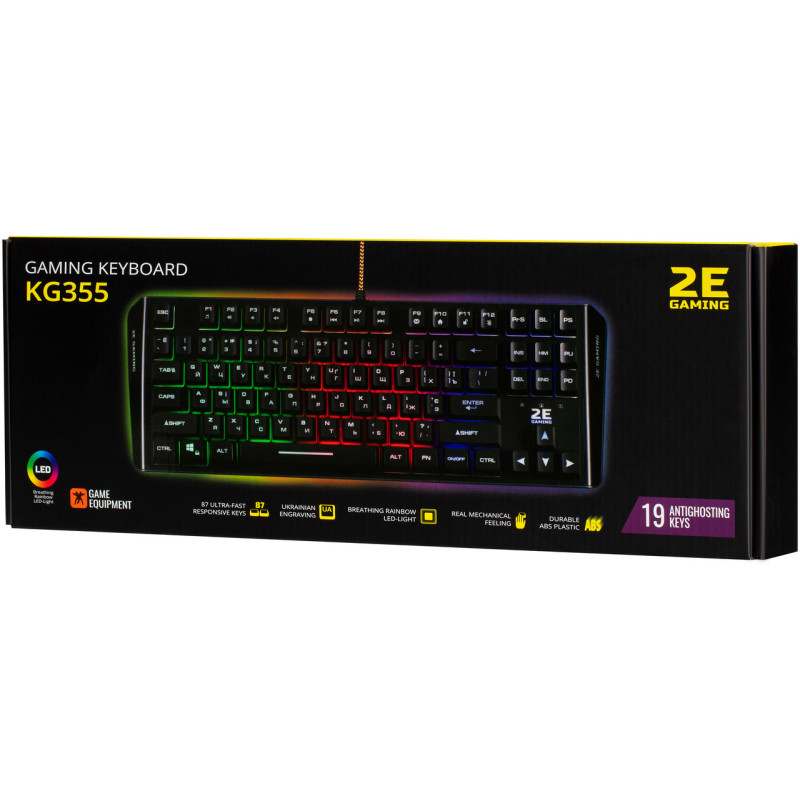Клавіатура мембранна 2E GAMING KG355 87key, USB-A, EN/UA/RU, LED, чорний (2E-KG355UBK)