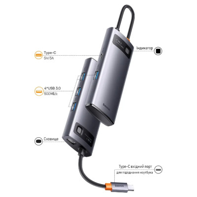 USB HUB Baseus Metal Gleam Series 4in1 USB-C to 4USB 3.0 (WKWG070013) gray