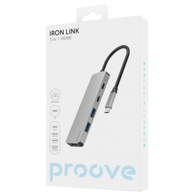 USB HUB Proove Iron Link 5 in 1 (2USB-C+2USB3.0+HDMI) silver (HBIL00010604) UA