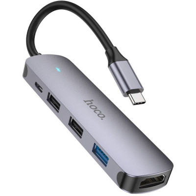 USB HUB Hoco HB27 Type-C multi-function converter(HDTV+USB3.0+USB2.0*2+PD) Metal Grey (6931474769329)