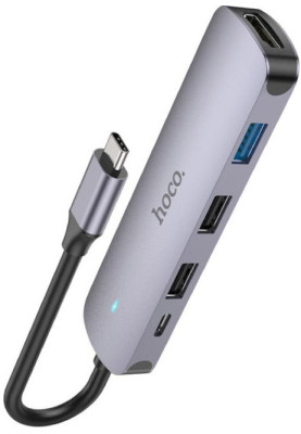 USB HUB Hoco HB27 Type-C multi-function converter(HDTV+USB3.0+USB2.0*2+PD) Metal Grey (6931474769329)