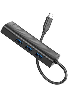 USB Hoco HB42 Easy safety 4-in-1 Gigabit Ethernet Adapter(Type-C to USB3.0*3+RJ45) 0.2M Black